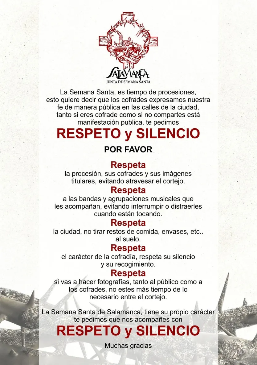 La Junta de Semana Santa de Salamanca pide respeto y silencio durante las procesiones