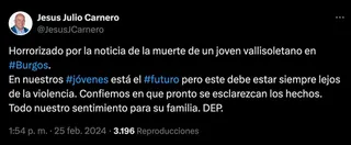 Mensaje de Jesús Julio Carnero, alcalde Valladolid, tras conocer la muerte del joven