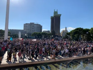 Imagen de los asistentes en la Plaza de Colón durante una manifestación contra el uso obligatorio de mascarilla ante el Covid-19.
