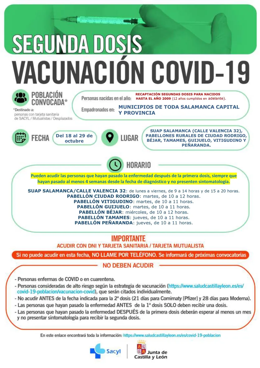 TODA SALAMANCA CAPITAL Y PROVINCIA RECAPTACIOìN SEGUNDAS DOSIS 18 29 OCTUBRE 2021