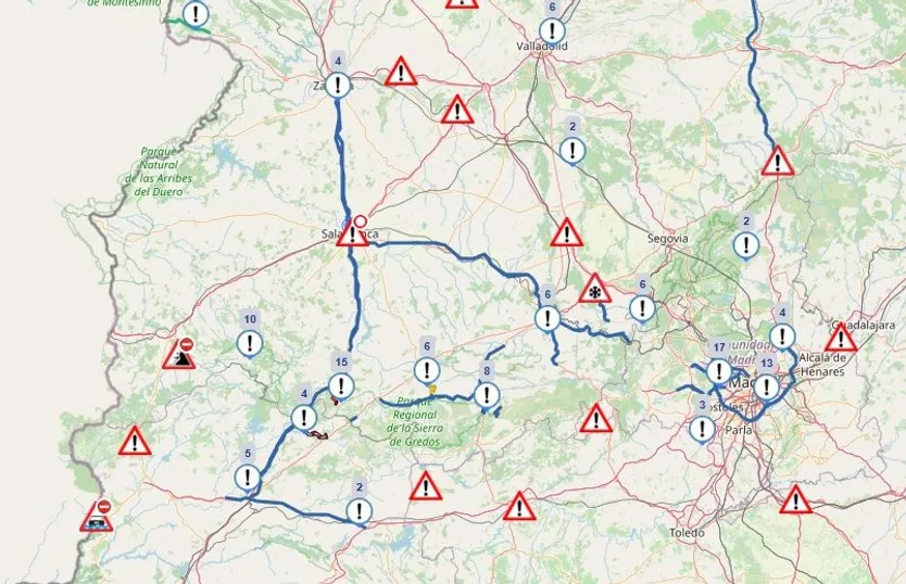 Carreteras con afecciones por el temporal de nieve en la provincia de Salamanca, 23 de enero de 2026