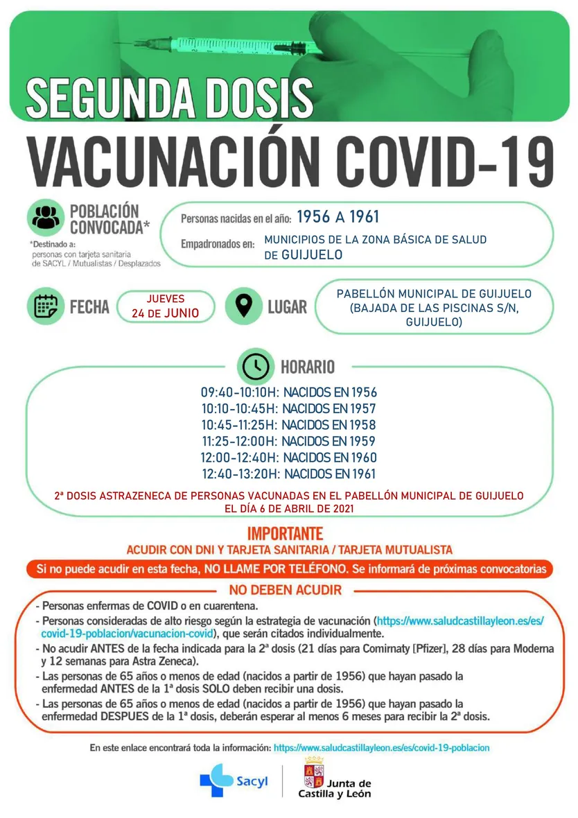 GUIJUELO 24 JUNIO 2021 NACIDOS 1956 A 1961 SEGUNDA DOSIS ASTRAZENECA VACUNADOS EL 6 DE ABRIL