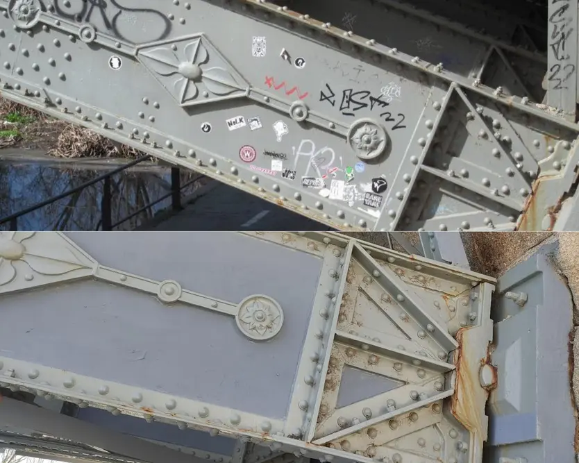 El puente de Enrique Estevan antes y después de la limpieza de las pintadas vandálicas 