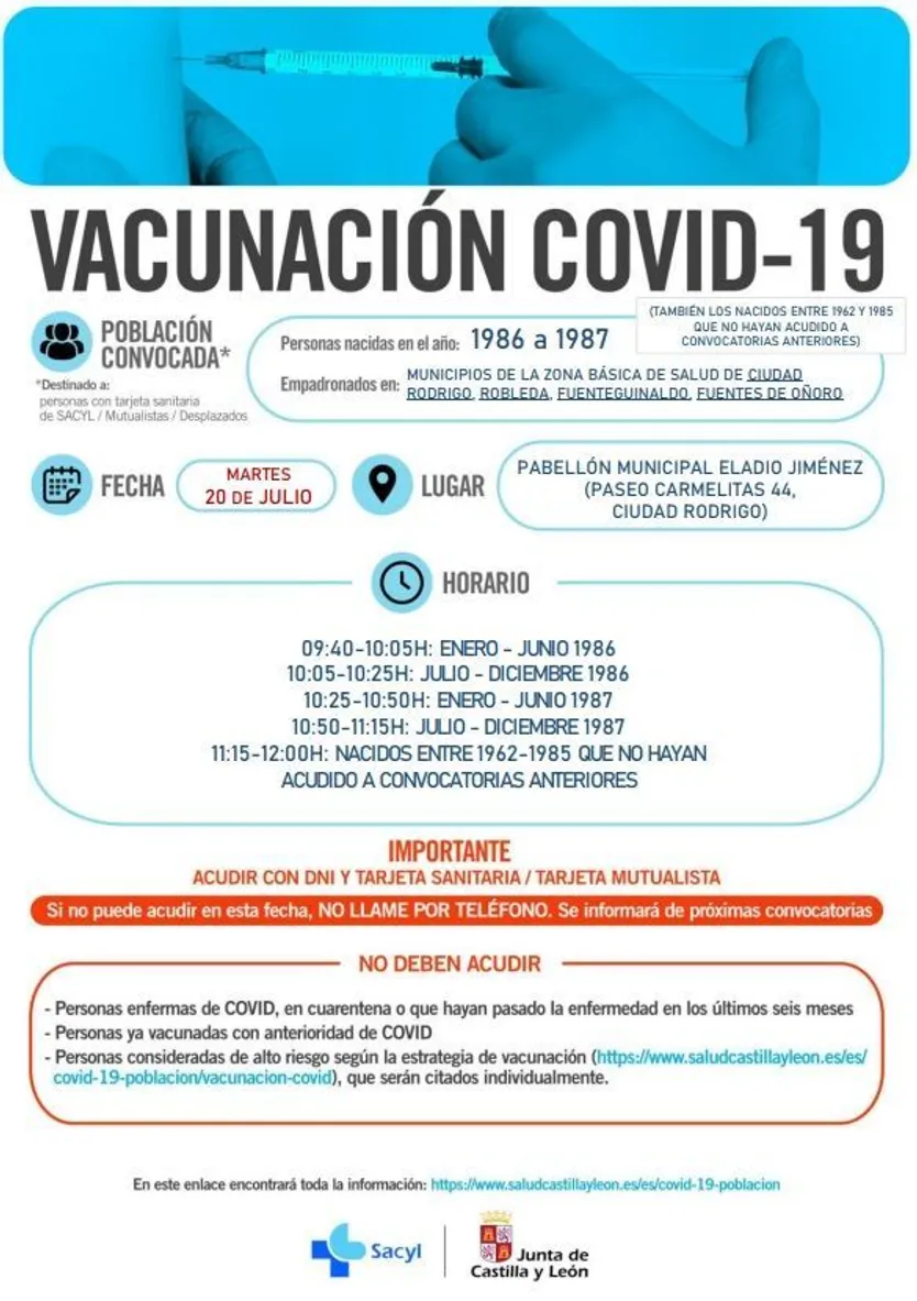 Vacunación en Ciudad Rodrigo para los nacidos ent 1986 y 1987 y repescas