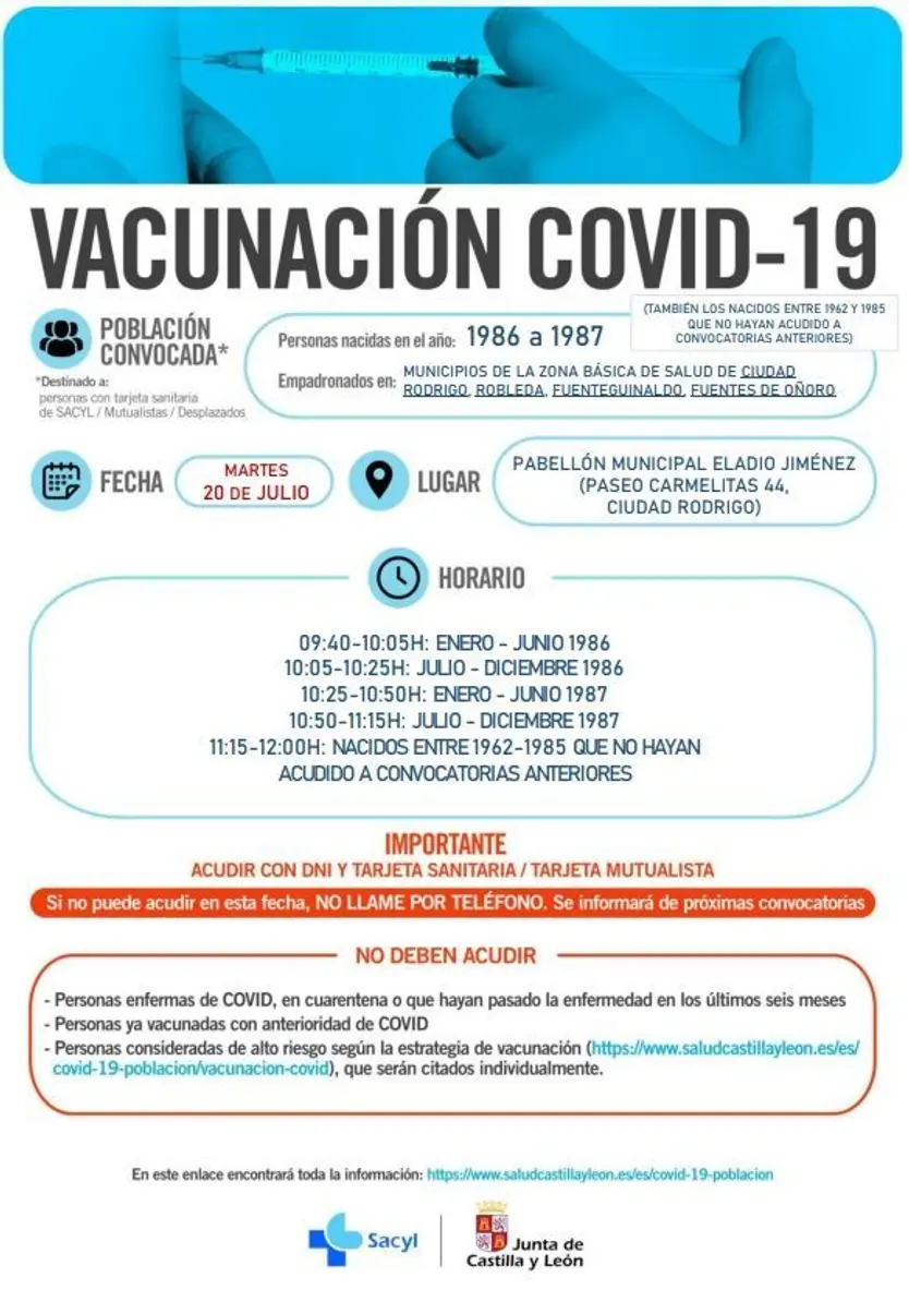 Vacunación en Ciudad Rodrigo para los nacidos ent 1986 y 1987 y repescas