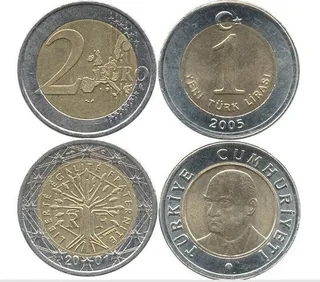 Imágenes de la moneda de dos euros y la lira turca que ha 'colgado' la Guardia Civil en sus redes sociales