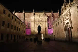 La Fachada Rica de la Universidad de Salamanca vuelve a iluminarse de color morado con motivo de la conmemoración del Día Internacional para la eliminación de la violencia contra las muje
