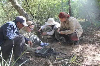 Andrea Weiler con parte del equipo de colaboradores trabajando en el campo colocando y comprobando las cámaras trampa | Comunicación USAL
