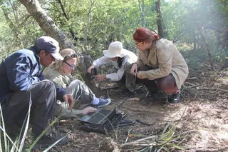 Andrea Weiler con parte del equipo de colaboradores trabajando en el campo colocando y comprobando las cámaras trampa | Comunicación USAL