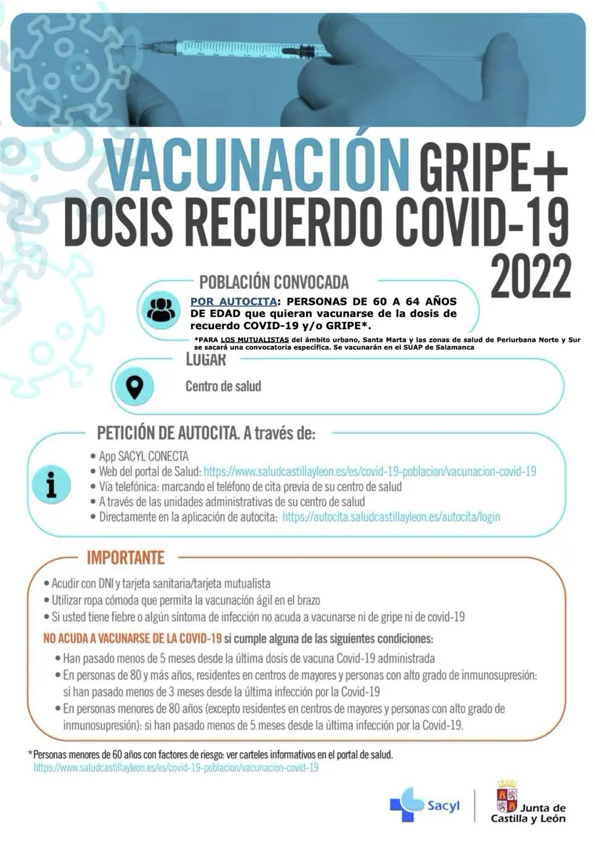 SALAMANCA Y PROVINCIA POBLACIÓN 60 64 AÑOS AUTOCITA COVID GRIPE OCTUBRE 2022.