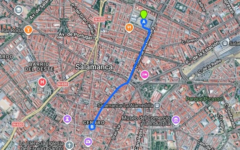Mapa del recorrido de la Manifestación del 8M: inicio plaza de la Concordia hasta la Plaza Mayor como punto final