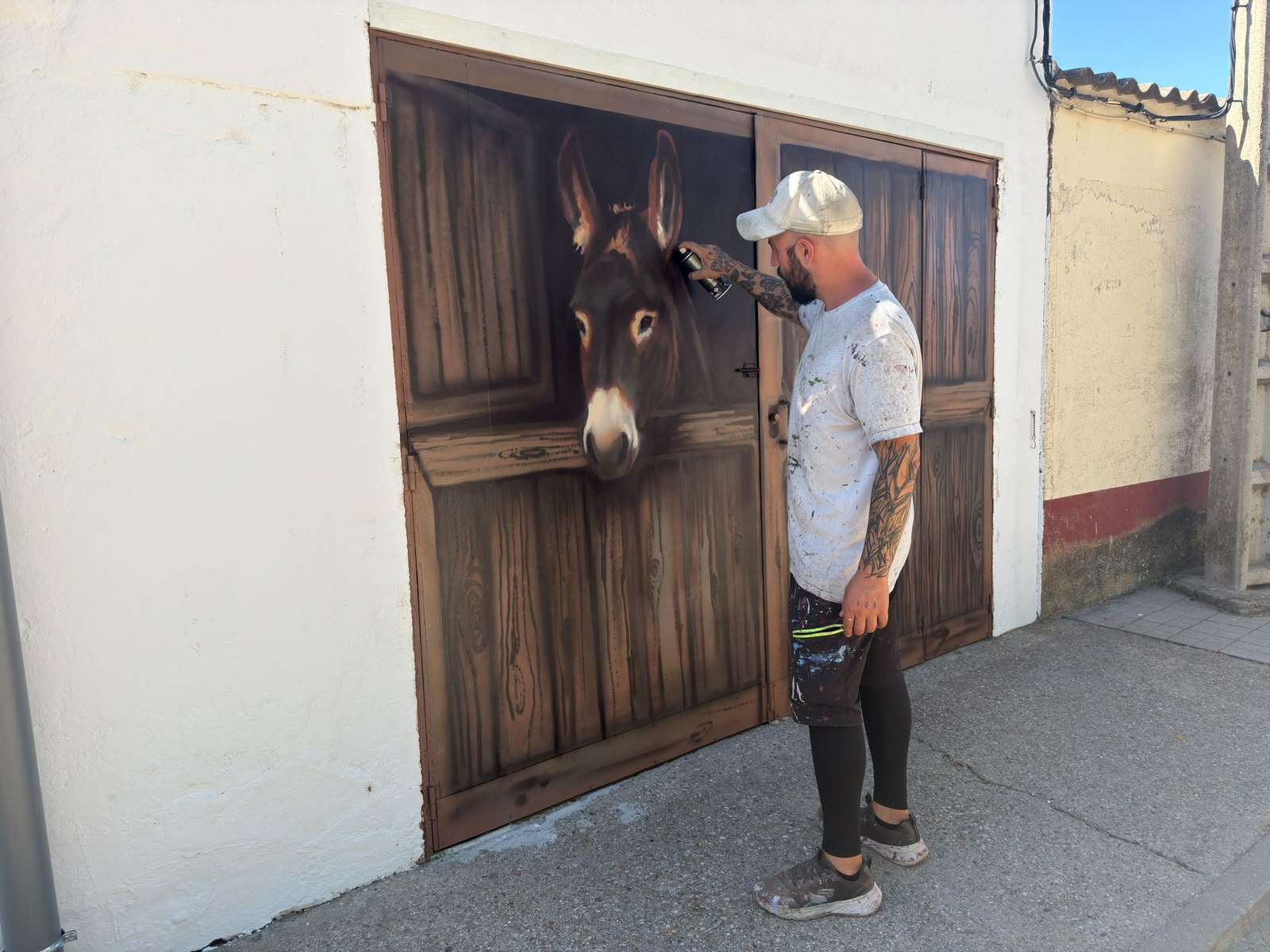 Daniel Mart&iacute;n, Muralista Salmantino Realizando Un Grafiti De Un Burro Encuadrado En Un Pueblo De Valladolid