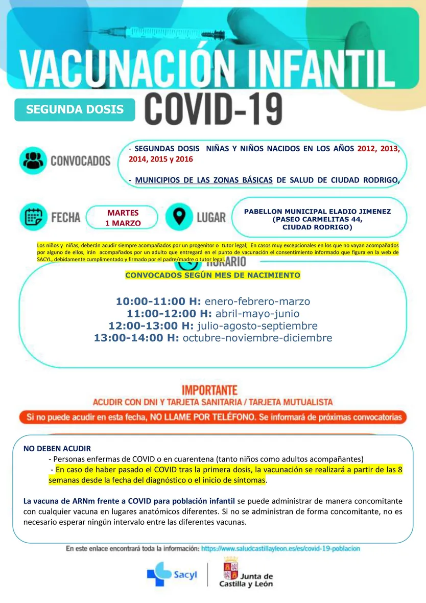 Segunda dosis niños de 2012 a 2016 en Ciudad Rodrigo