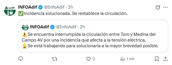Informaci&oacute;n de la aver&iacute;a en la catenaria entre Toro y Medina del Campo | INFOAdif