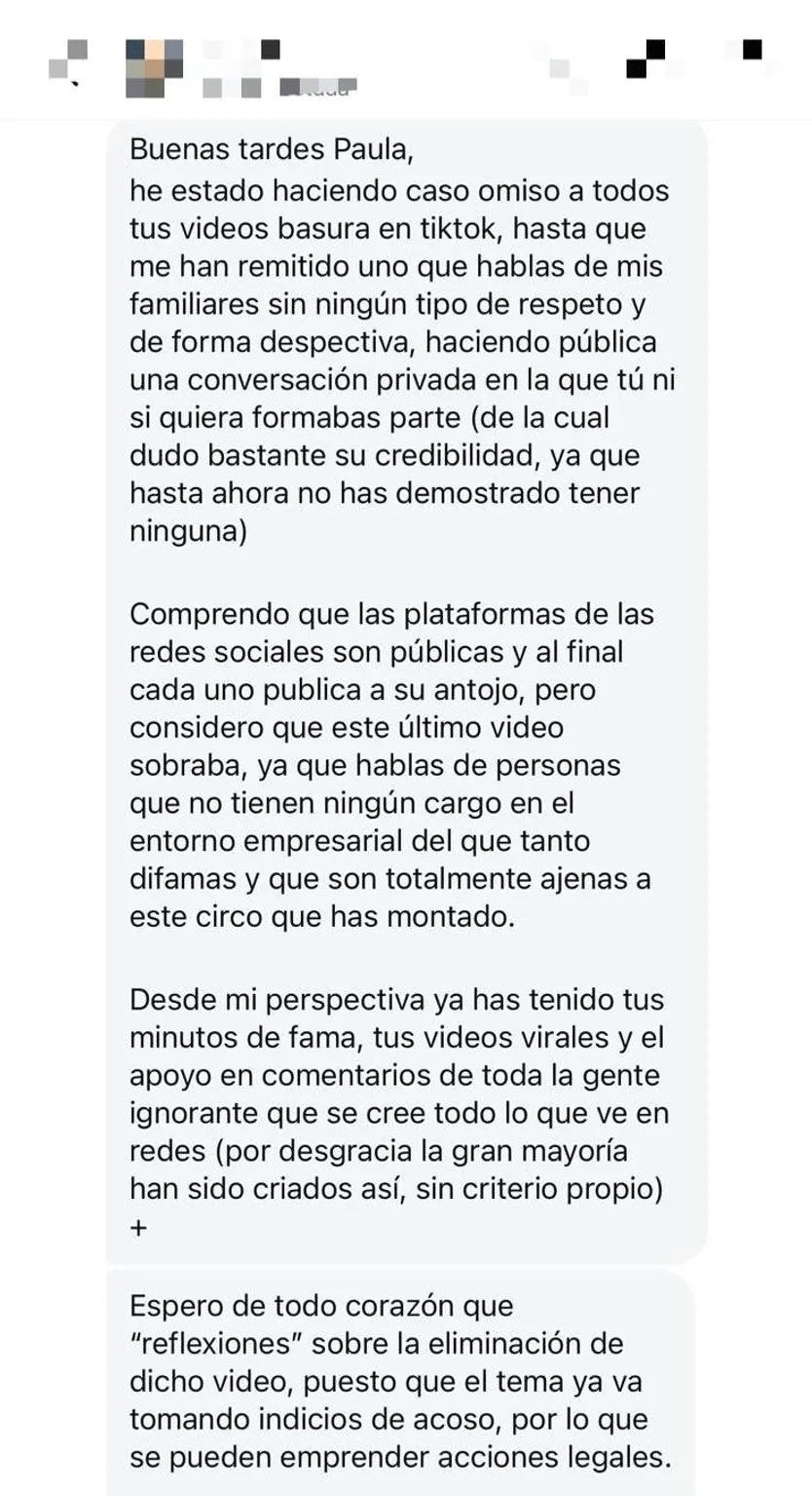 Mensaje de un familiar de la coordinadora a Paula