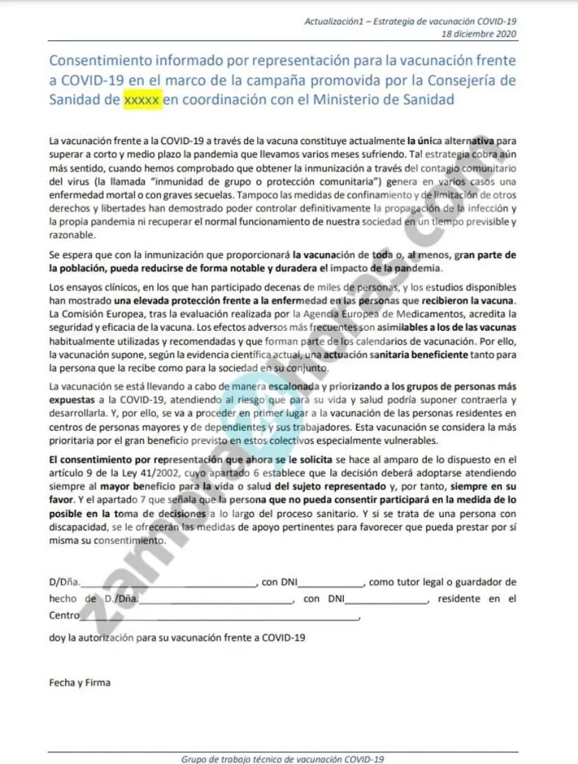Este es el consentimiento que deberán fimar las personas que se vacunen contra el COVID 19