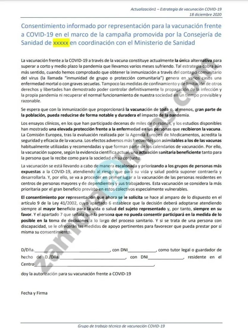 Este es el consentimiento que deberán fimar las personas que se vacunen contra el COVID 19