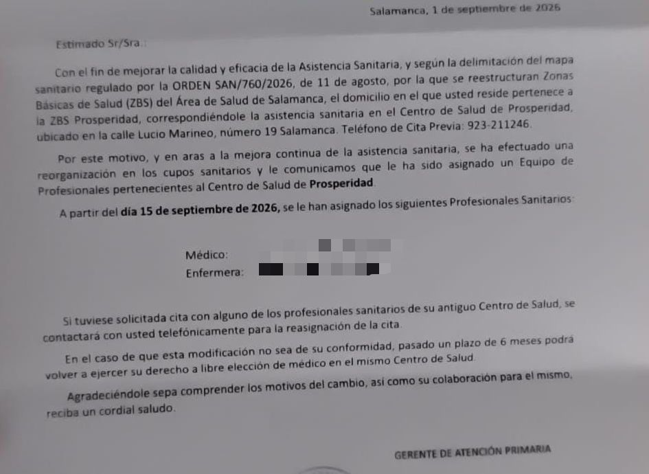 Carta Enviada Por La Consejer&iacute;a De Sanidad a Los Usuarios Del Centro De Salud De La Prosperidad