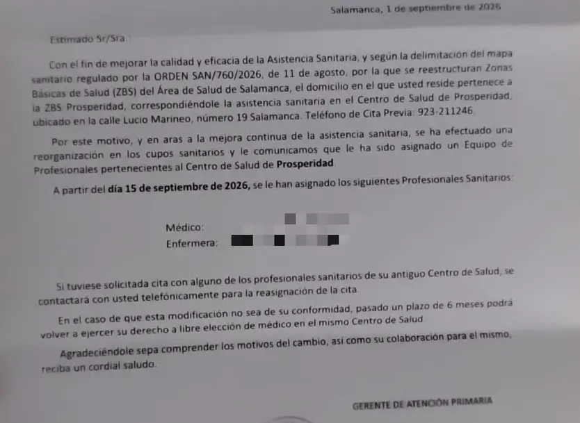 Carta Enviada Por La Consejería De Sanidad a Los Usuarios Del Centro De Salud De La Prosperidad
