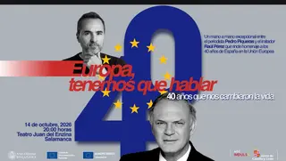 Pedro Piqueras y el imitador y cómico Raúl Pérez se unen en Salamanca para celebrar cuatro décadas de España en la Unión Europea
