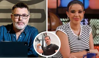 Hector de Miguel y Sarah Santaolla, en dos fotografías de RTVE, y el denunciado Alberto Pugilato