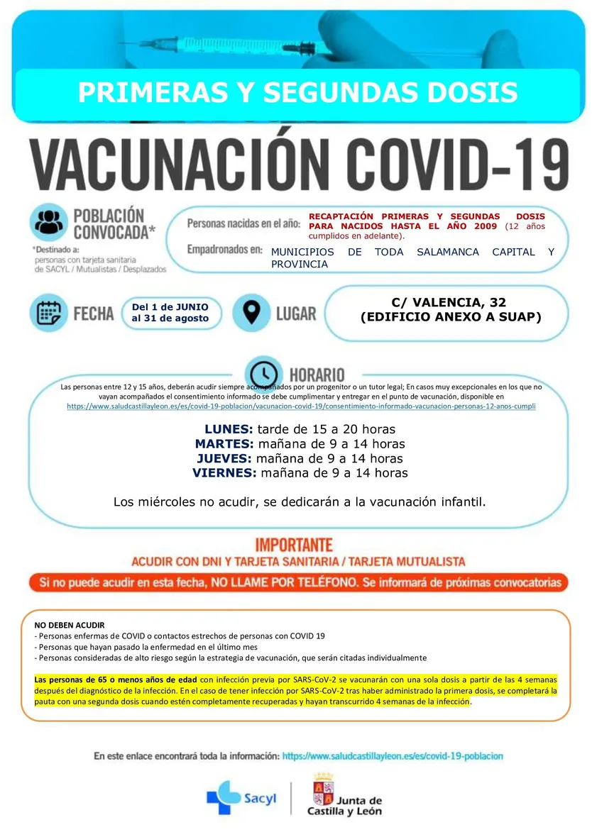 REPESCAS PRIMERAS Y SEGUNDAS DOSIS MAYORES 12 AÑOS SALAMANCA CAPITAL Y PROVINCIA JUNIO JULIO Y AGO