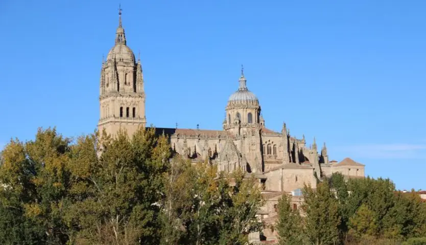 Catedral de Salamanca desde el Puente Romano. Foto de archivo