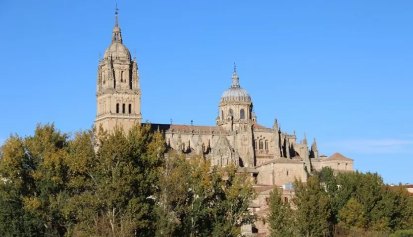 Catedral de Salamanca desde el Puente Romano. Foto de archivo