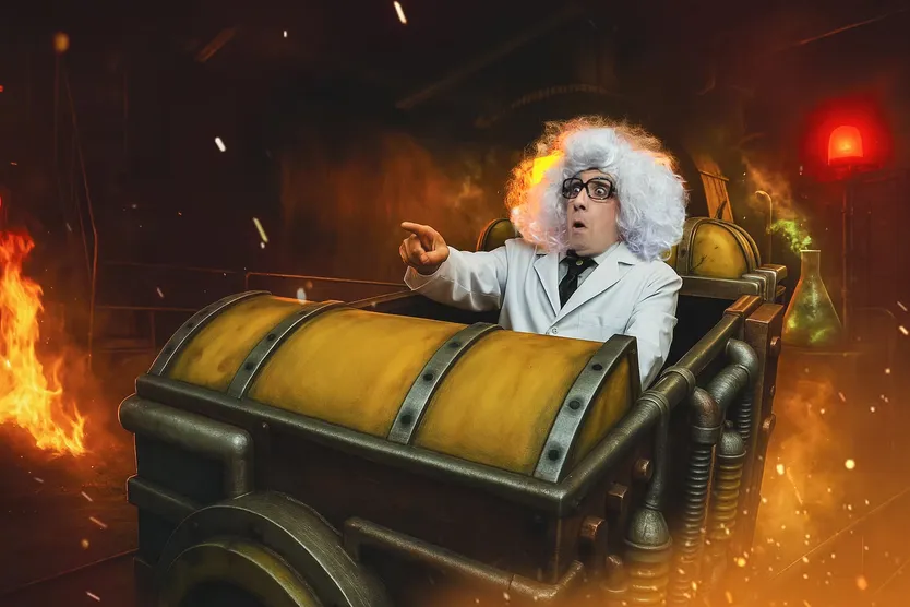 Inventor de Stellar Circus en su máquina del tiempo